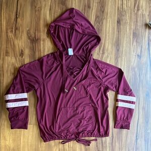 Burgundy Hooded Sweatshirt with Striped Sleeves